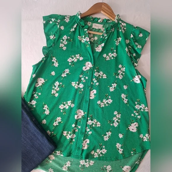 MELLODAY green floral short sleeve Flutter sleeve LARGE hi-low top - Picture 1 of 7